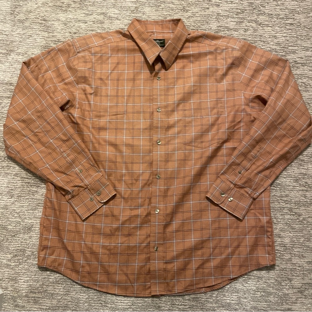 Eddie Bauer Shirt Mens Size XL Orange Plaid Classic Fit Wrinkle Stain Resistant